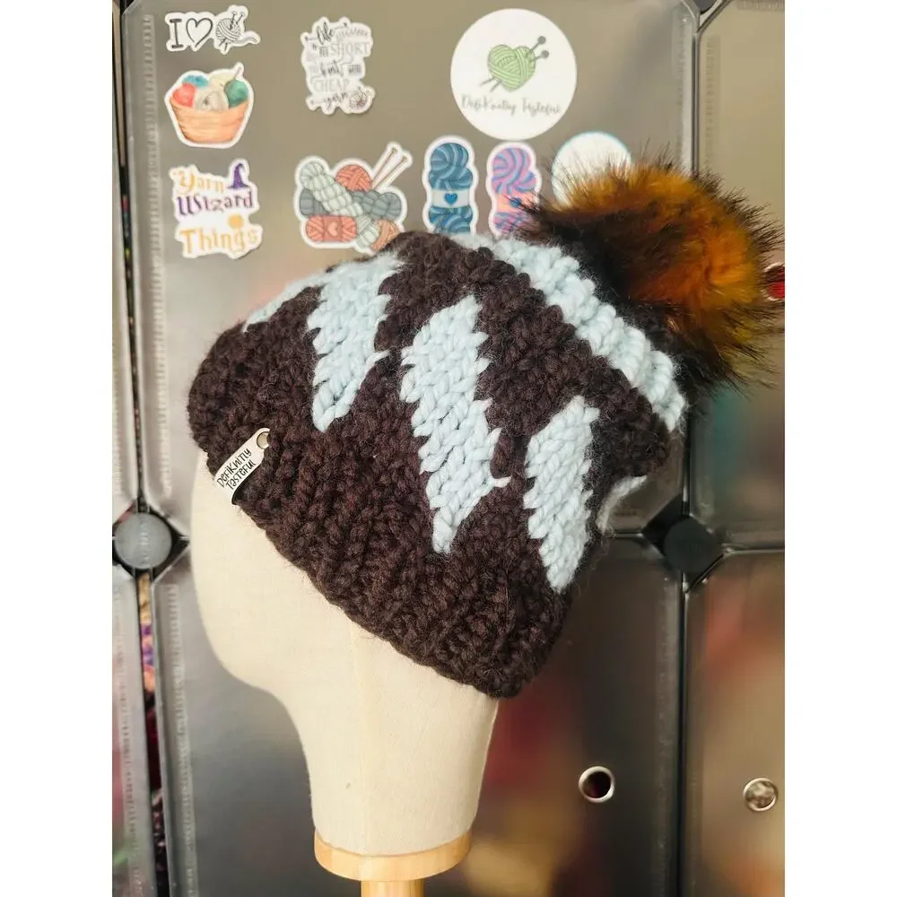 Hand Knit Tilt A Whirl Beanie: Cozy Winter Hat with Faux Fur Pom